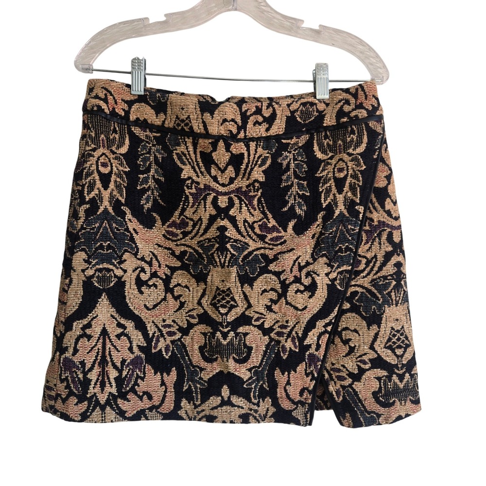 Free People‎ 8 Mini Skirt Women Gold Black Tapestry Damask Wrap Front Excellent